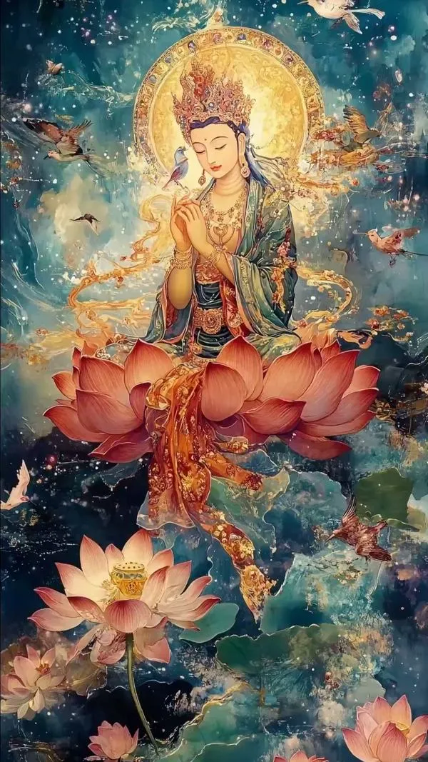 Hình nền sen và Phật phong cách thủy mặc, hoa sen hồng nổi trên nền mây lành huyền ảo.