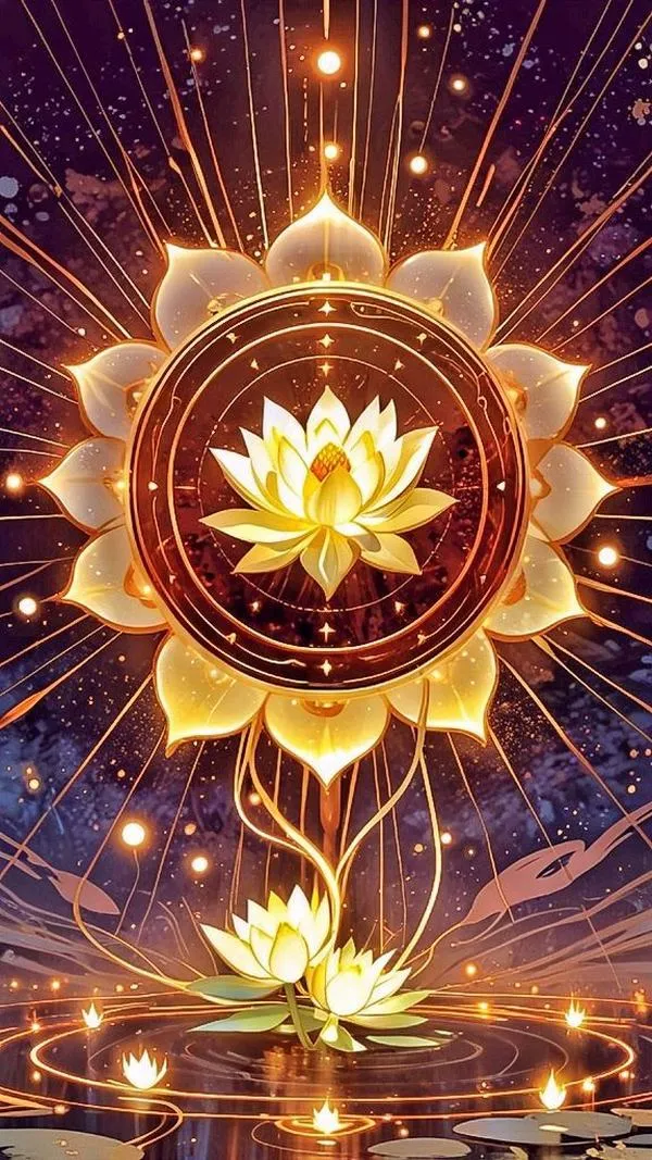 Màn hình khóa biểu tượng sen vàng trong vòng hào quang, họa tiết tâm linh sáng rực, ấm áp.