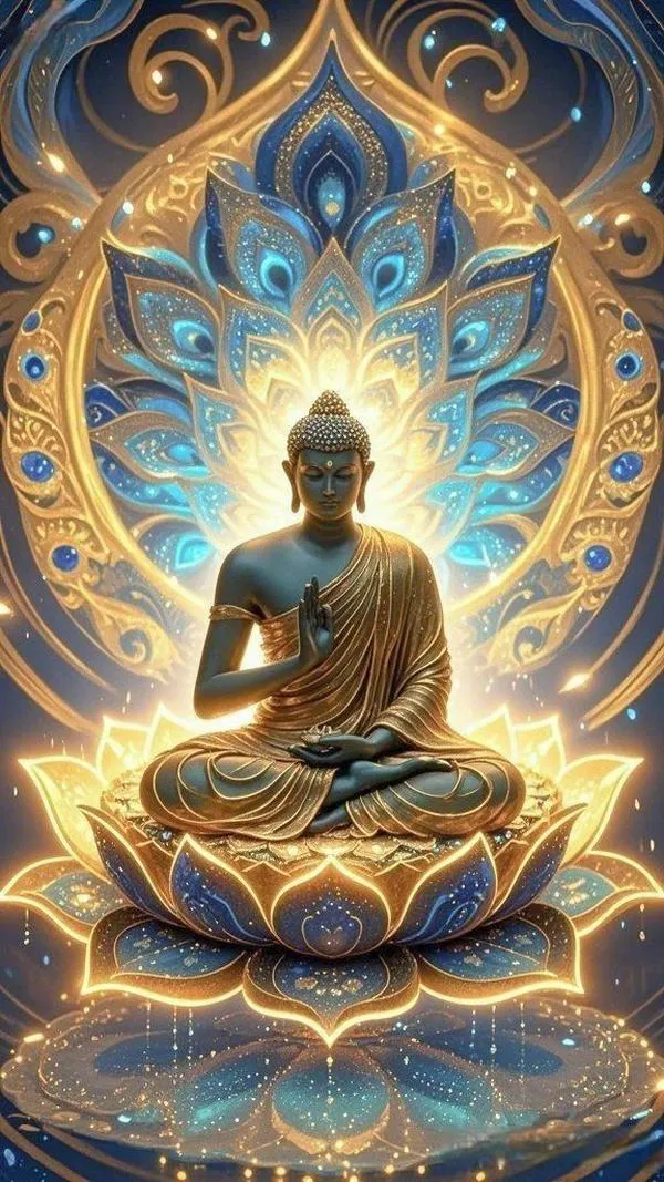 Hình nền điện thoại người thiền trên đài sen, ánh xanh lan tỏa như năng lượng bình an.