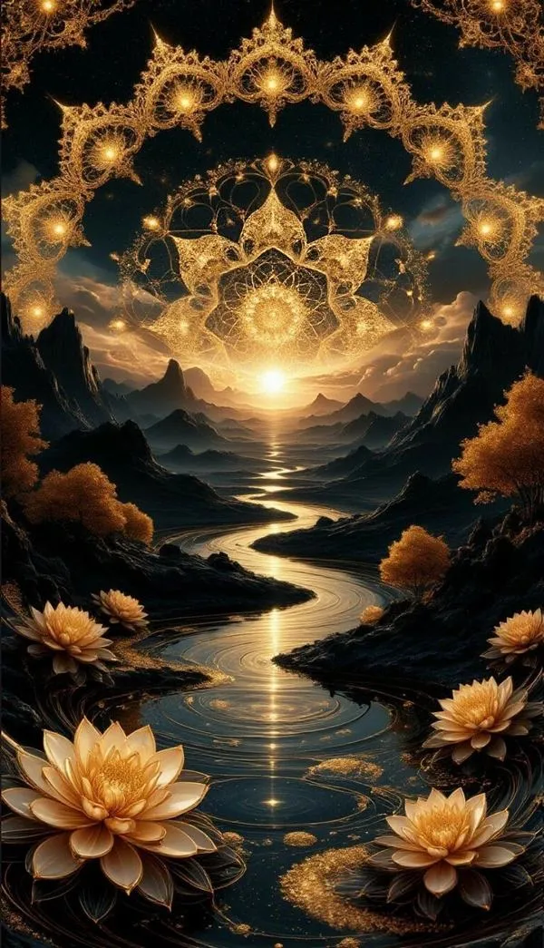 Ảnh nền hồ sen đêm, hoa sen vàng phản chiếu mặt nước, không gian tĩnh lặng sâu.