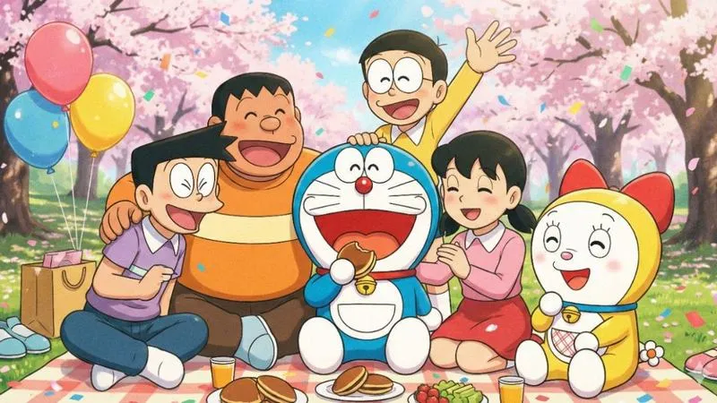 Ảnh bìa Đô Rê Mon ôm trọn nhóm bạn dưới tán hoa hồng, không khí ấm áp và vui vẻ.