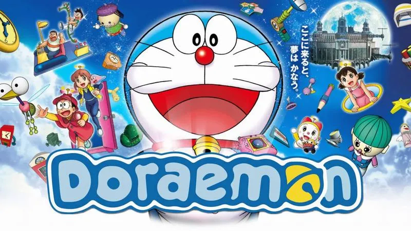 Hình nền PC Doraemon logo chữ xanh nổi bật, nền đơn giản, chừa khoảng trống để icon rõ ràng.