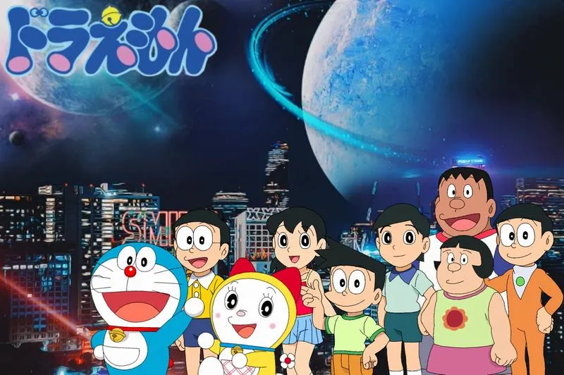 Ảnh đẹp Dora và bạn bè giữa thành phố ánh đèn, không gian tương lai, hợp ai thích vibe hiện đại.