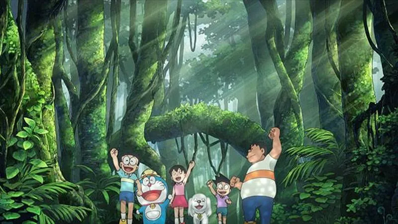 Tải ảnh fanart nhóm Nobita khám phá rừng xanh, Doraemon dẫn đường, tông lá đậm nhìn rất đã.