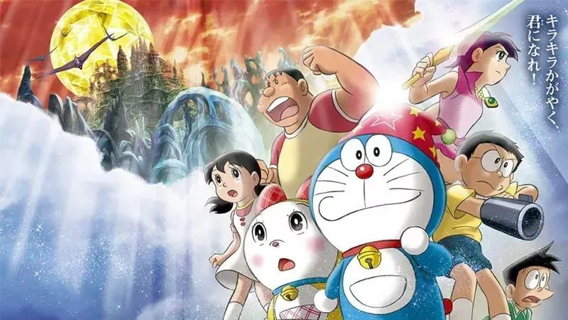 Hình nền anime Doraemon trượt tuyết cùng Nobita, nền trắng xanh lạnh, tạo cảm giác năng lượng.