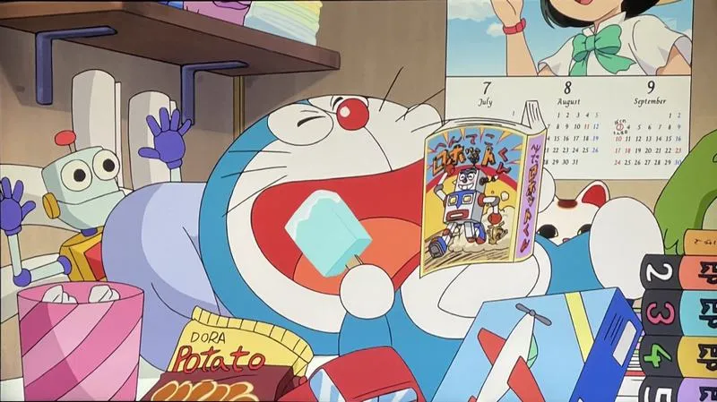 Hình nền PC Doraemon trong phòng ngủ Nobita, ánh sáng dịu, chi tiết góc học tập thân quen.