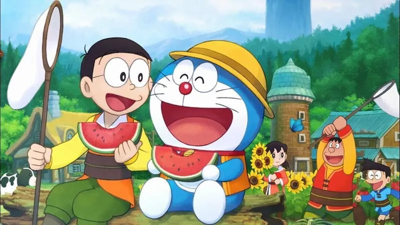 Hình nền anime Nobita cầm vợt bên Dora, cảnh thể thao vui nhộn, màu tươi hợp ngày năng động.