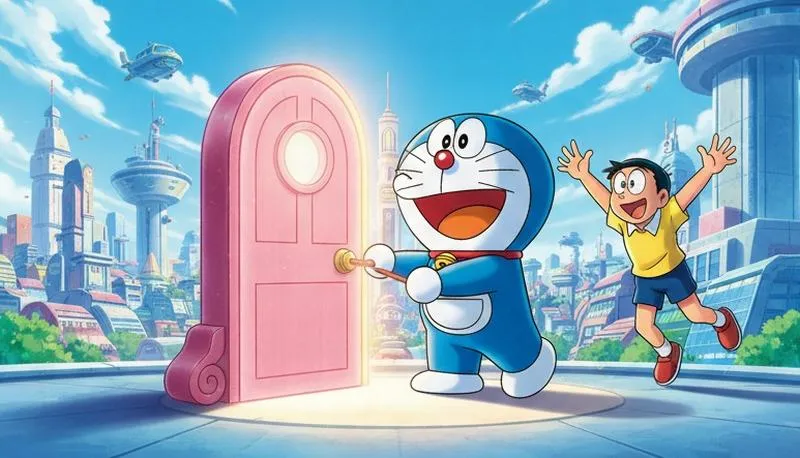 Hình nền PC mèo ú đứng cạnh cánh cửa thần kỳ màu hồng, thành phố tương lai phía sau rất sáng.