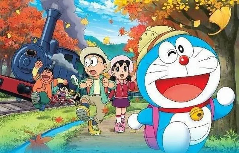 Hình nền 4K Doraemon nổi bật giữa cảnh thu, Nobita và hội bạn tụ tập, màu sắc ấm áp.