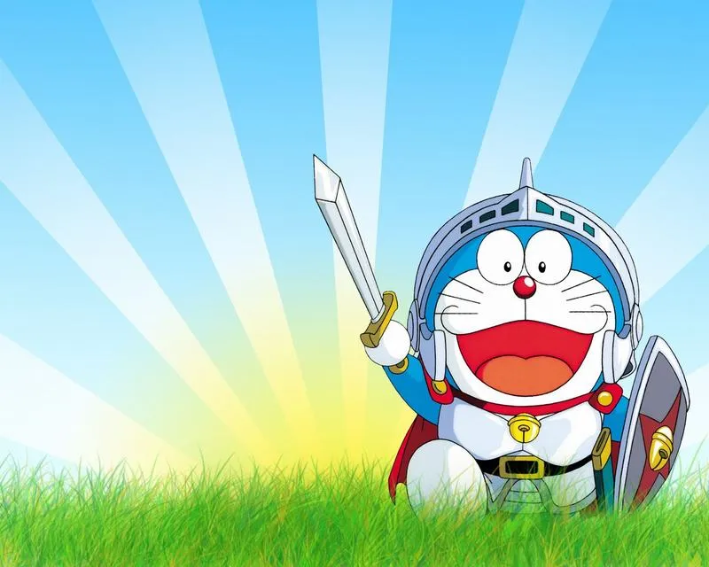 Hình nền máy tính Doraemon cute tông xanh trắng, ít chi tiết, để icon cực thoáng và sạch