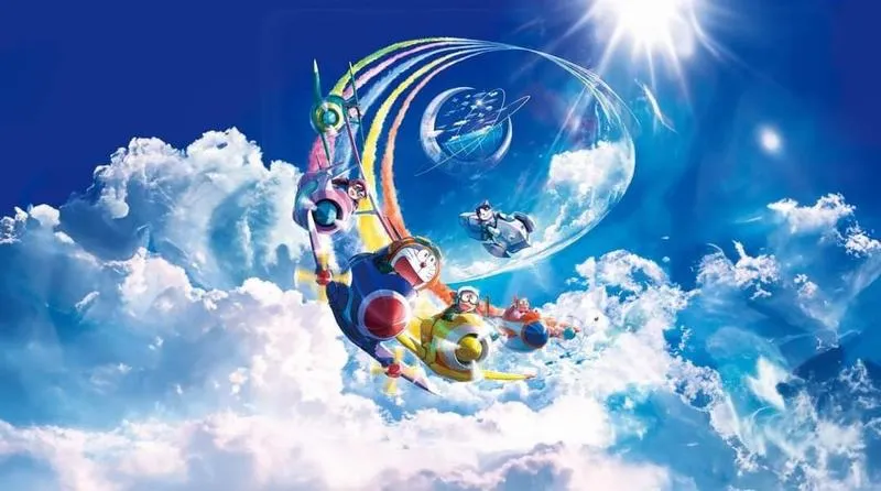 Hình nền máy tính Doraemon cute đêm sao, ánh xanh dịu, mood thư giãn trước giờ ngủ