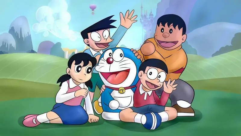 Doraemon cute với cánh cửa thần kỳ, bối cảnh mở, nhìn màn hình như có câu chuyện nhỏ