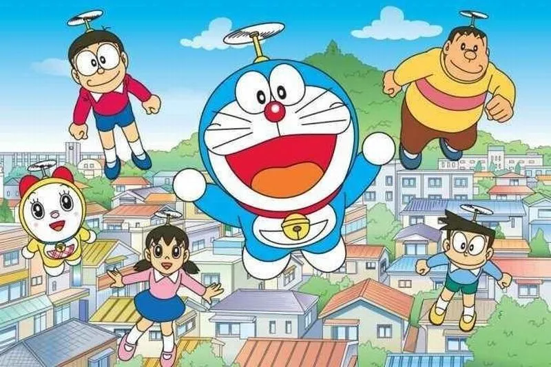 Ảnh đẹp Chồn Xanh đứng giữa phố xanh, Nobita Shizuka Gian Suneo vui nhộn, bố cục thoáng.