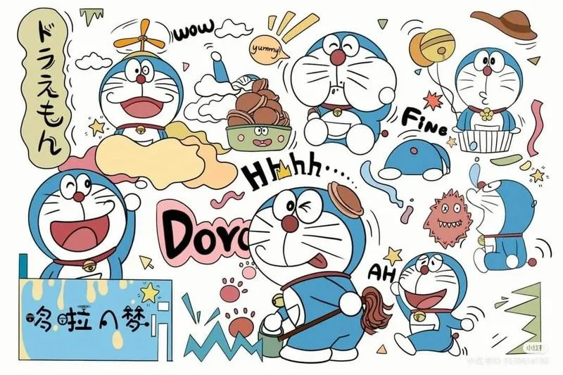 Ảnh fanart Doraemon dạng doodle, chuông vàng và biểu cảm đa dạng, hợp ai thích nền vui mắt.