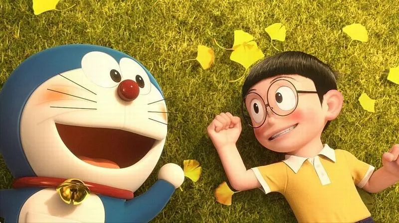 Tải ảnh mèo máy thông minh cười to cạnh Nobita, nền vàng tươi, hợp desktop sáng sủa gọn gàng.