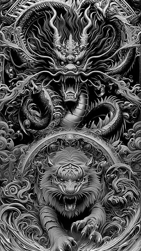 Ảnh nền tông đen trắng, rồng chạm nổi 3D, mặt dữ, vảy dày, ánh đổ bóng rõ.