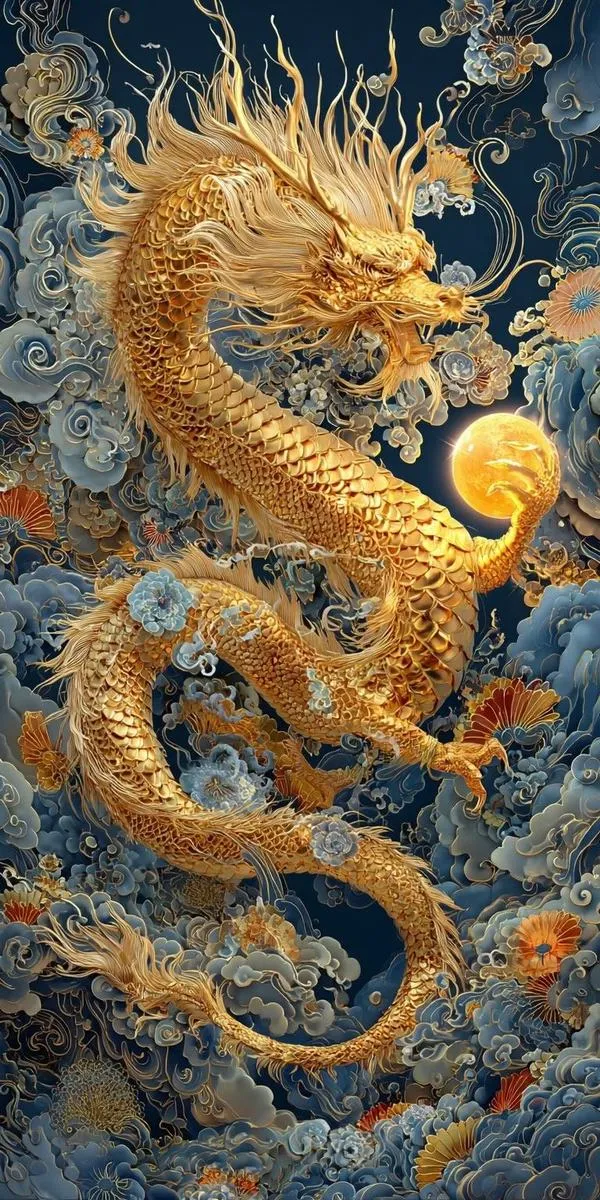 Hình nền rồng vàng dựng khối 3D ôm viên ngọc, khói lửa nhẹ, viền sáng ấm áp.