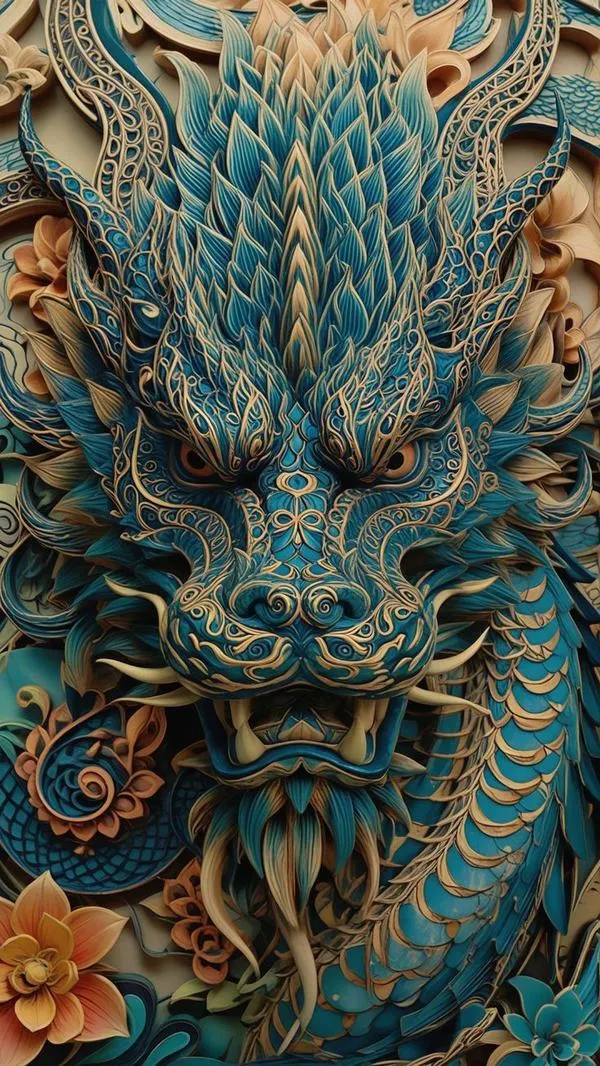 Hình nền cận mặt rồng xanh ngọc, chi tiết 3D dày, họa tiết xoắn tinh xảo, nền tối sâu.