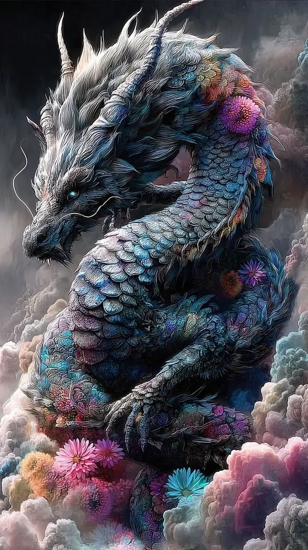 Ảnh nền đầu rồng tím xanh trồi khỏi mây, chiều sâu 3D rõ, mắt sáng, sương dày.