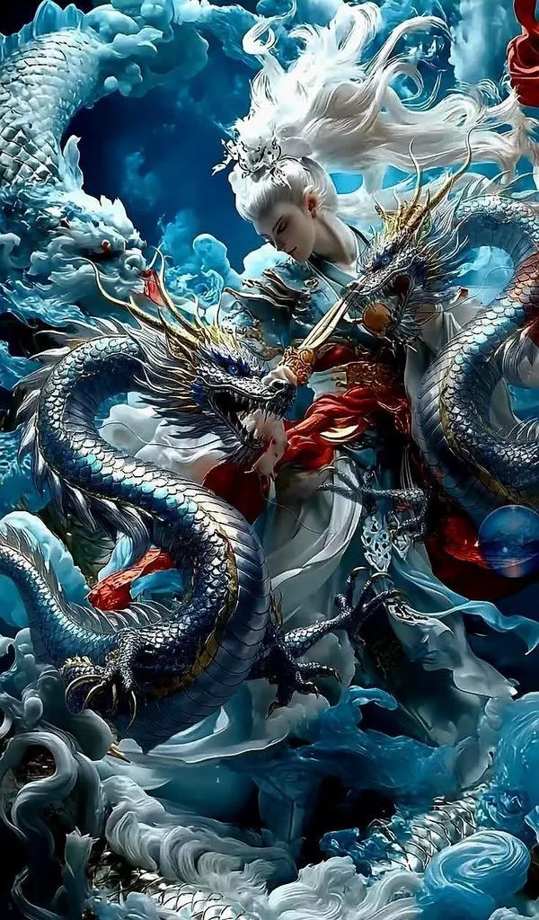 Hình nền rồng cuộn trong sóng nước, dựng hình 3D lạnh, tia sáng xanh, cảm giác bão nổi.