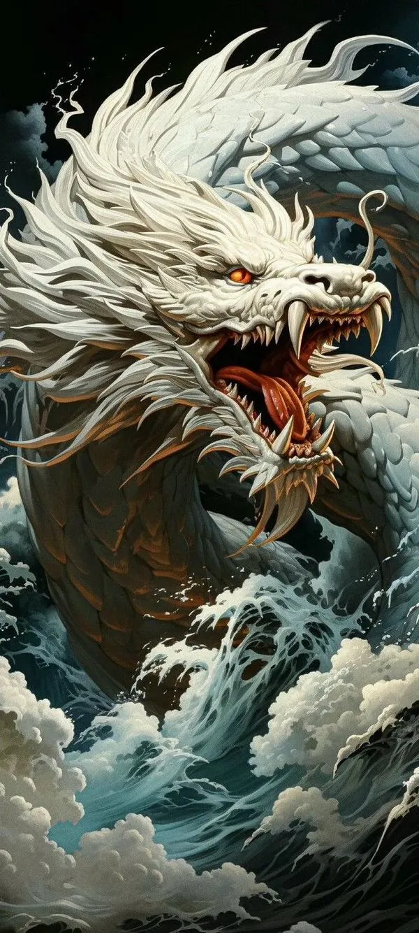 Hình nền rồng trắng gầm giữa mây, bờm tung mạnh, khối 3D sắc, bóng đổ dày.