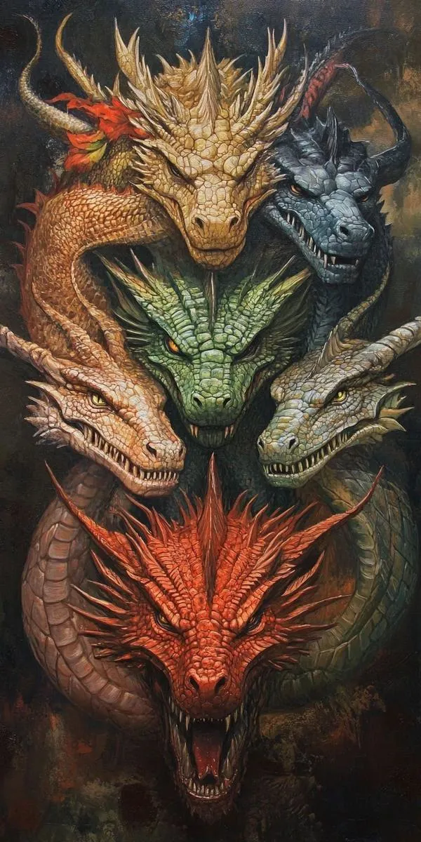 Ảnh nền rồng dáng chiến binh có cánh, dựng khối 3D mạnh, vảy cam rực, nền tối.