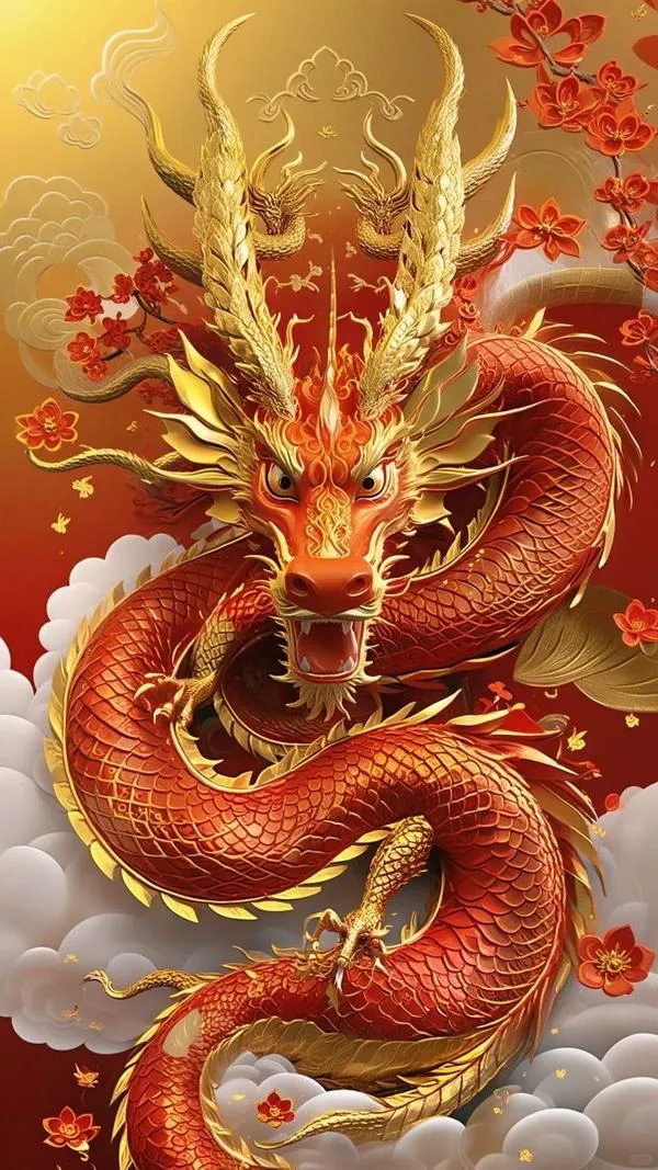 Hình nền rồng đỏ cuộn cùng hoa, hiệu ứng 3D nổi rõ, vảy bóng, tông ấm kiểu lễ hội.