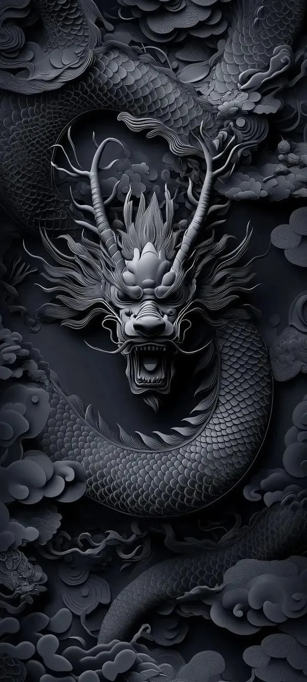 Ảnh nền rồng đen như tượng đá, chạm sâu 3D, mắt tối, nền tối dày, cảm giác nặng.