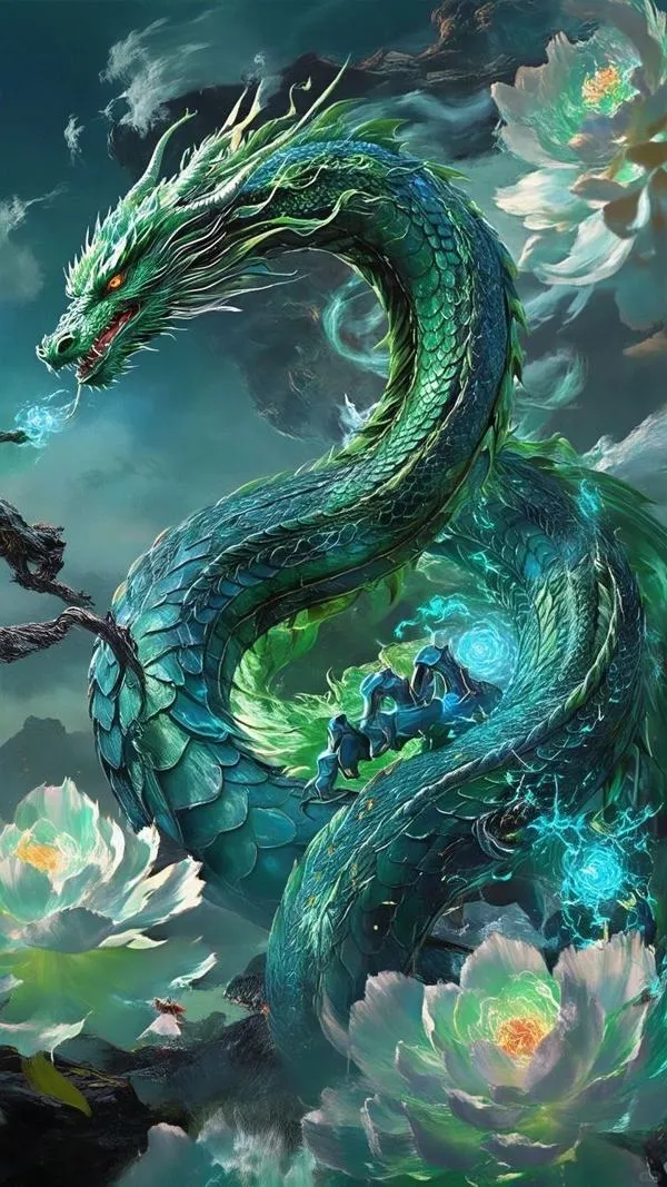 Hình nền rồng xanh lục lượn trong sương nước, không gian 3D sâu, cây cỏ ôm quanh.