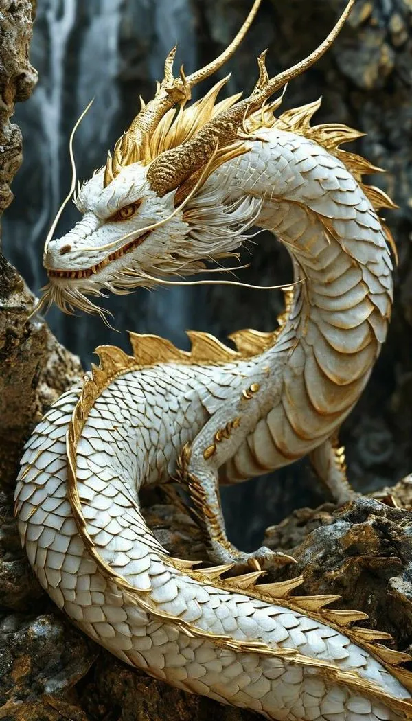 Ảnh nền rồng trắng thân dài, nổi khối 3D như sứ, nền đá thô, chi tiết vảy rõ.
