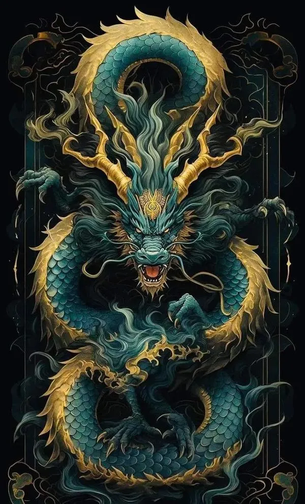 Ảnh nền rồng xanh đen dưới vòng sáng, hiệu ứng 3D ma pháp, tia lửa mảnh, nền tối.