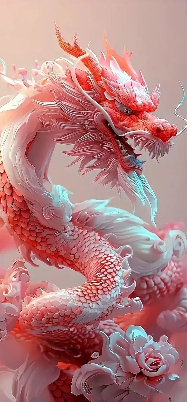 Ảnh nền rồng hồng trắng uốn trong mây bông, chiều sâu 3D nhẹ, ánh dịu, cảm giác mơ.