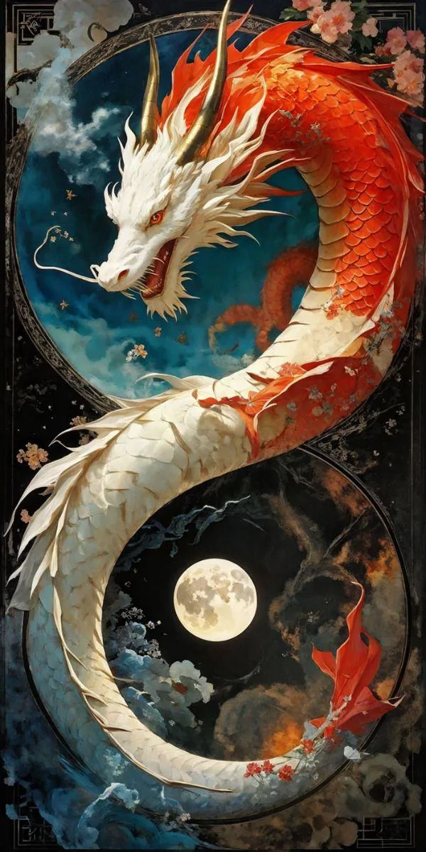 Hình nền rồng đỏ trắng cuộn quanh âm dương, khối 3D rõ, nền xanh tối, chất điện ảnh.