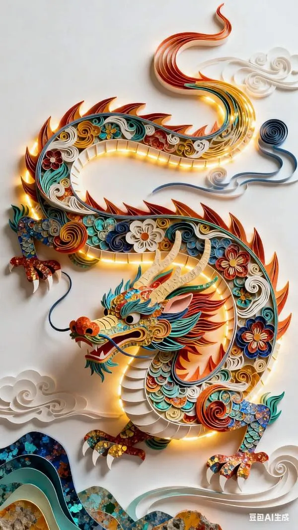 Ảnh nền rồng nhiều màu uốn lượn, dựng khối 3D vừa phải, vảy nhỏ dày, nền sáng vui.