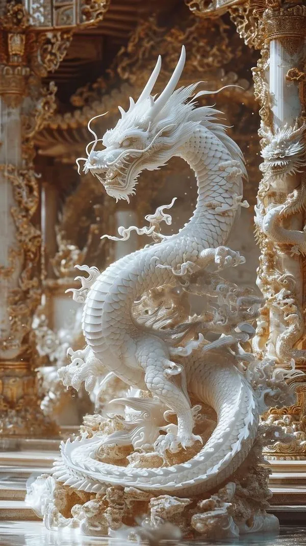 Hình nền rồng trắng kiểu phù điêu, chạm nổi 3D trên nền nâu cũ, đường khắc sâu rõ nét.