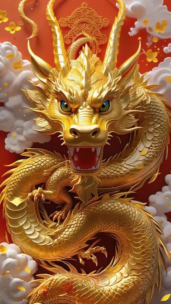 Ảnh nền cận rồng vàng trên nền đỏ, hiệu ứng 3D bùng sáng, râu bay, cảm giác phú quý.
