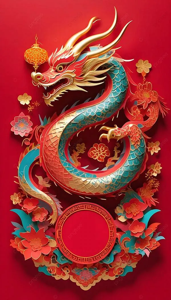 Ảnh nền rồng đỏ xanh kiểu trang trí, khối 3D rõ, nền đỏ lễ hội, hoa văn dày.