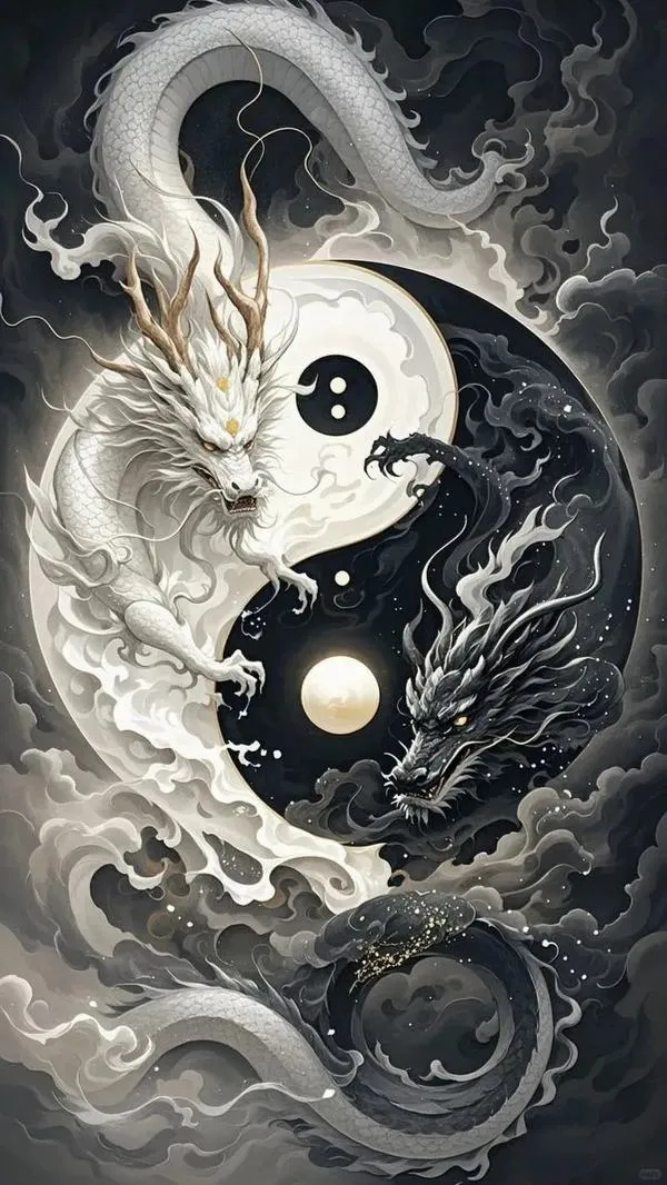 Hình nền tông trắng đen, rồng cuộn quanh âm dương, chiều sâu 3D tròn xoáy, mây sóng dày.