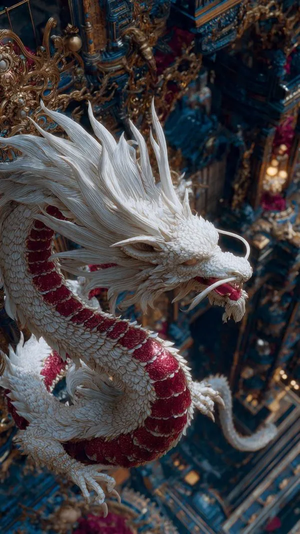 Ảnh nền rồng trắng bờm xám quấn thân đỏ, khối 3D sắc, nền đêm xanh lấp lánh.