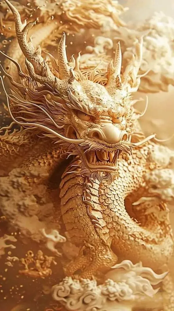 Hình nền rồng vàng như phù điêu cát, chạm nổi 3D, nền vàng ấm, vảy dày cổ điển.