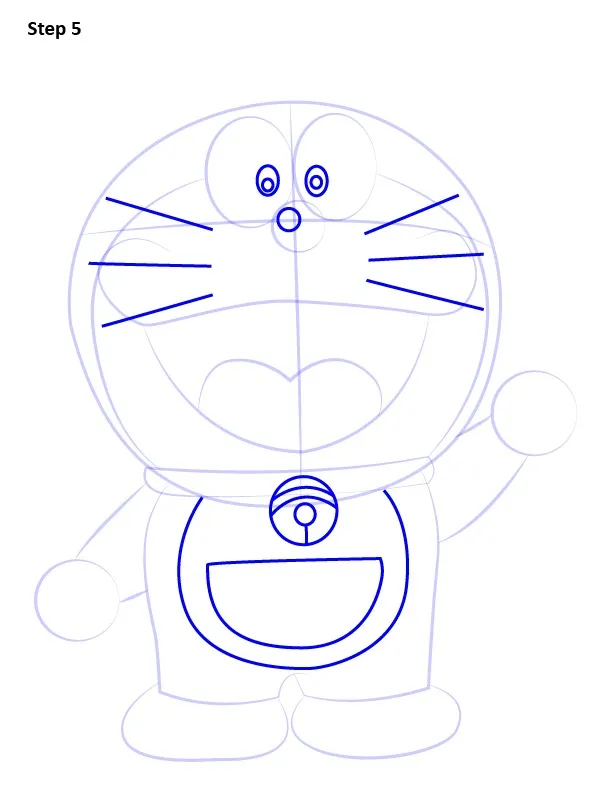 Bước 5: Vẽ râu chuông vàng và túi thần kỳ chuẩn Doraemon