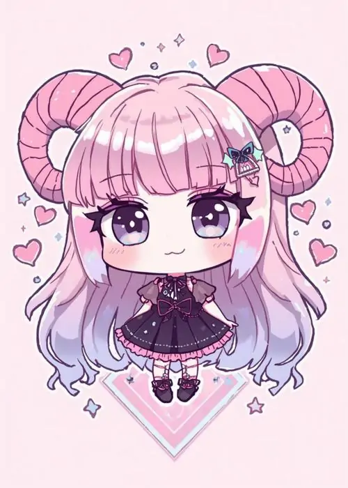 Bé gái chibi tóc hồng buộc hai búi tròn nhìn thẳng, váy tím và nền tim nhỏ phía sau làm ảnh đại diện nữ này ngọt, mềm và rất dễ thương