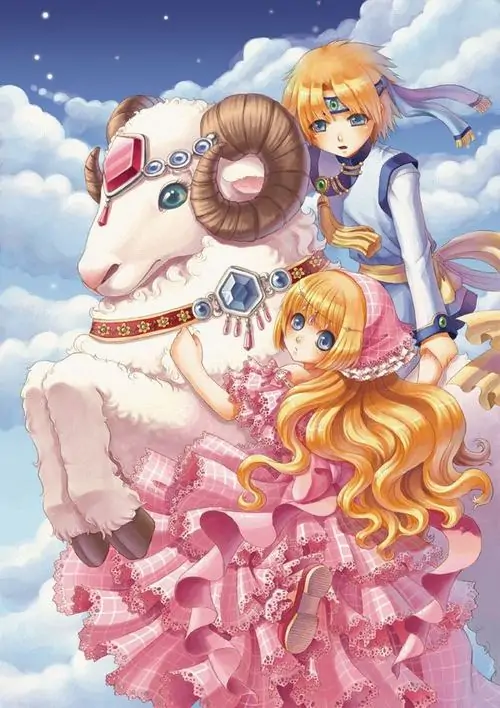 Chú cừu trắng má hồng nằm trên mây hồng và hoa mềm, sừng xoắn vàng cùng tông pastel khiến bức này hợp làm hình nền cute cho ai mê ảnh cung hoàng đạo