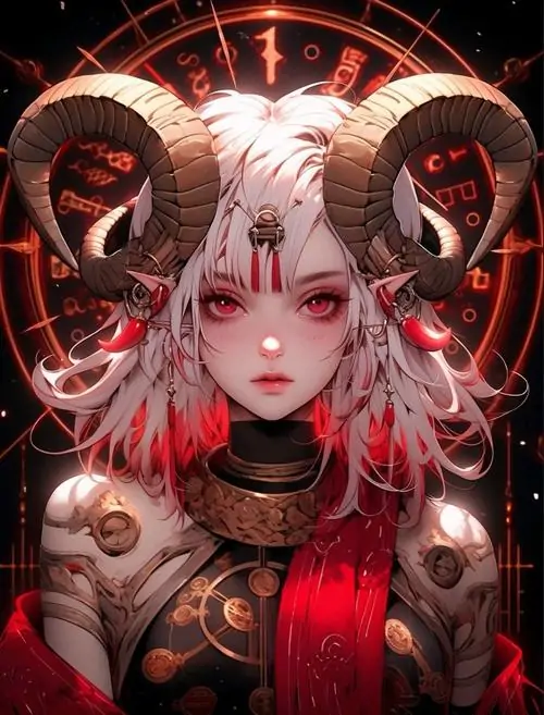 Nhân vật nữ sừng xoắn lớn đứng chính diện trong trang phục đỏ đen, môi nhỏ và ánh mắt gắt tạo cảm giác dữ hơn, hợp người thích ảnh Bạch Dương anime nữ ngầu