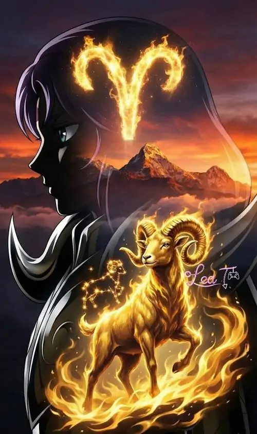 Con cừu lửa đứng trên mỏm đá lúc hoàng hôn, phần thân cháy vàng rực và bầu trời đỏ cam phía sau khiến bức ảnh hợp làm hình nền cung Bạch Dương mạnh mẽ