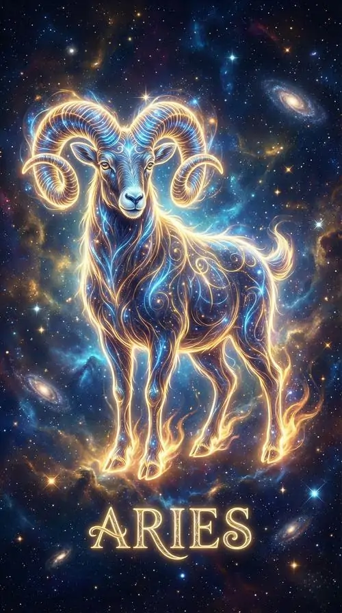 Ảnh avatar chú cừu Bạch Dương phát sáng bằng viền lam đứng giữa nền sao đêm, dáng nghiêng nhẹ và cặp sừng xoắn rõ nét khiến khung dọc trông ngầu mà vẫn rất hút mắt