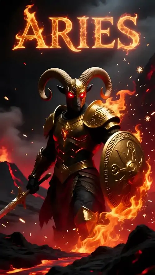 Nhân vật giáp đen đứng trước nền cháy đỏ, cặp sừng cong và chữ Aries phía trên làm bức này giống poster chiến binh hơn ảnh chibi, trông khá ngầu và nam tính