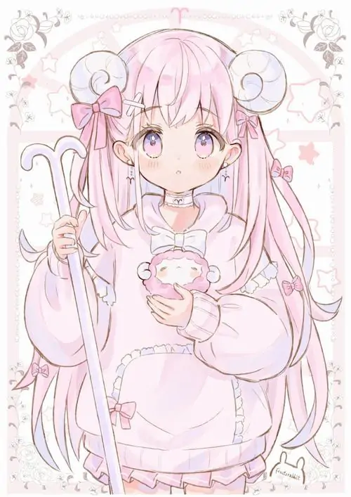 Nét vẽ mảnh tông hồng nhạt ghi lại cô bé sừng cừu đứng khép tay trước váy, toàn khung sáng nhẹ và đơn giản nên hợp người thích hình đại diện chibi nữ đẹp