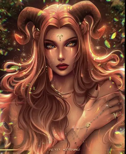 Ảnh nhân vật cô gái tóc nâu dày với cặp sừng lớn nhìn nghiêng nhẹ, làn da nâu ấm và nền lá phát sáng làm chân dung Dương Cưu nữ trông sang và cuốn