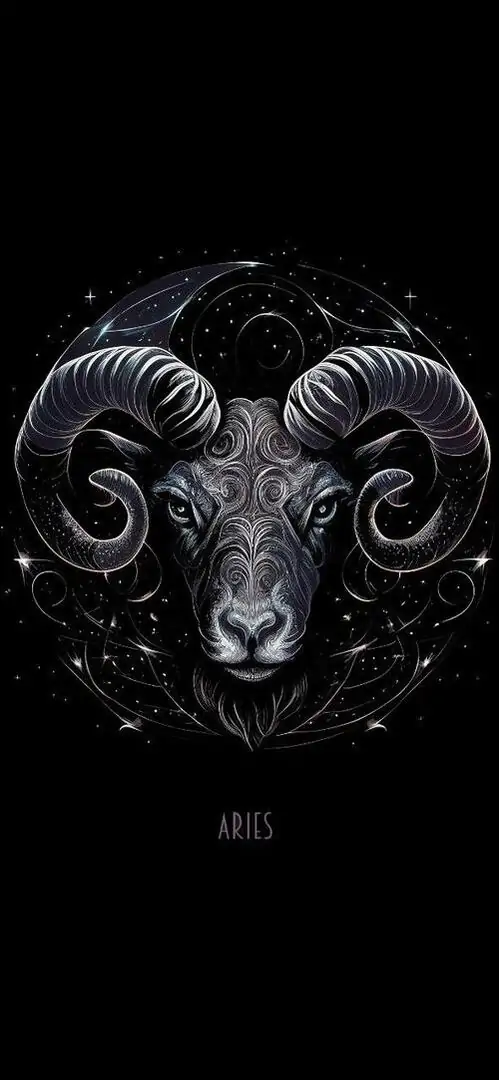 Biểu tượng đầu cừu màu đen đặt giữa nền đen sâu, sừng cuộn gọn và ánh sáng nhẹ ở mép tạo cảm giác tối giản, rất hợp làm hình nền Aries ngầu cho điện thoại